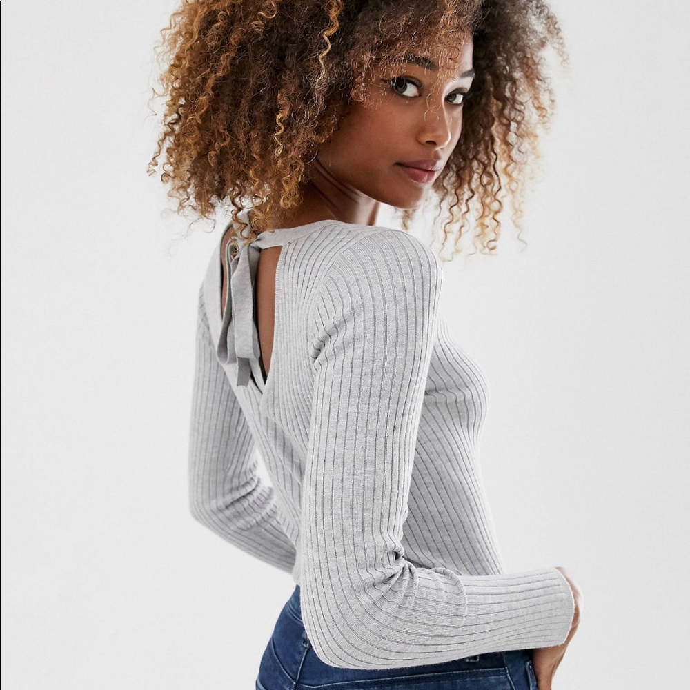 Stradivarius back bow ribbed sweater in gray